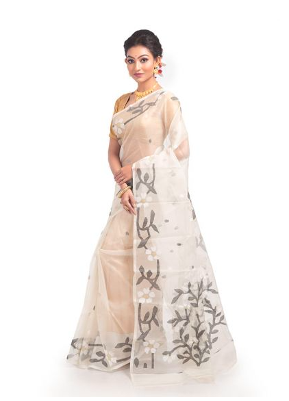 Off White Pure Resham Silk Muslin Jamdani Saree