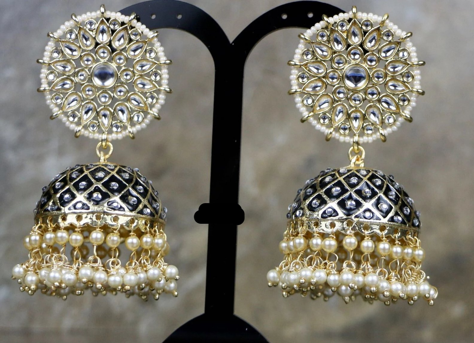 Black Hand Painted Kundan Pearl Polki Jhumki Earrings