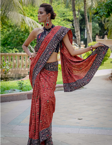 AJRAKH COTTON ANIMAL PRINT MAROON & BLACK SAREE