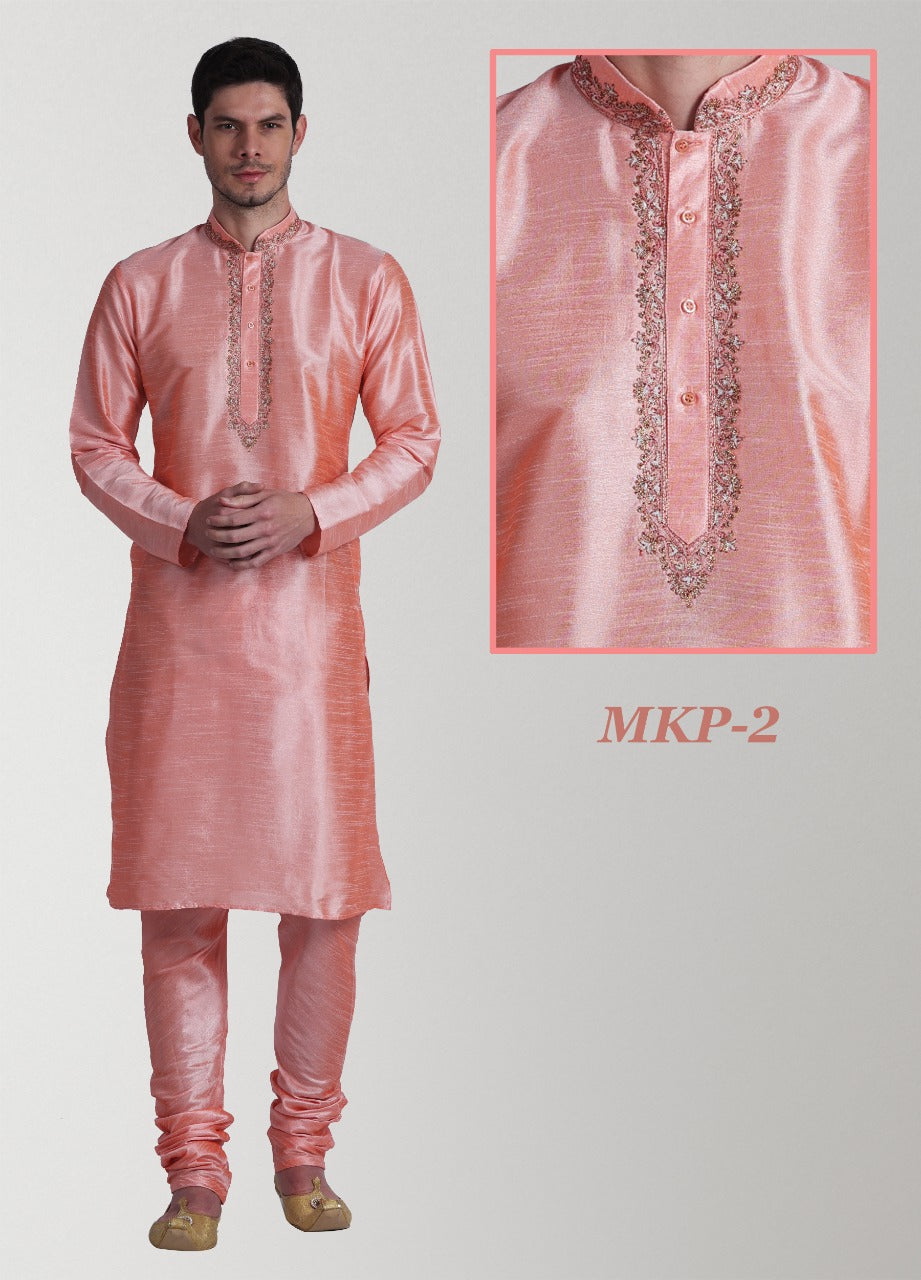 Pure Silk Pink Embroidered Kurta Pyjama Set