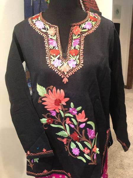 Black and Peach Pure Wool Kashmiri Embroidered Kurti