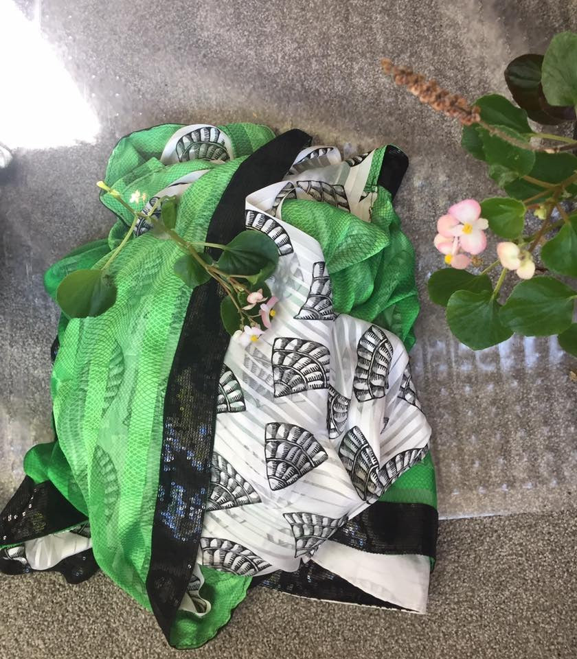 Satin Silk Saree in Green and White Printed Shell Design with Sequence Border