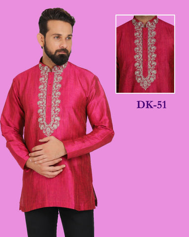 Deep Pink Colored Embroidered Silk Mens Short Kurta