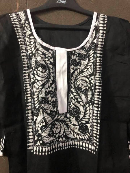 Black and White Pure Cotton Kantha Stitched Long Kurti