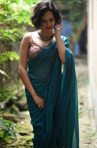 Blue Green Color Mul Cotton Saree
