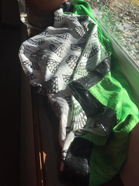 Satin Silk Saree in Green and White Printed Shell Design with Sequence Border