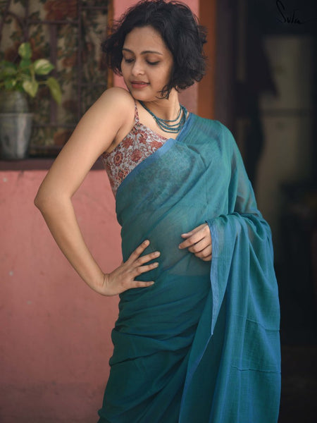 Blue Green Color Mul Cotton Saree