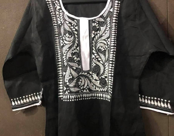 Black and White Pure Cotton Kantha Stitched Long Kurti