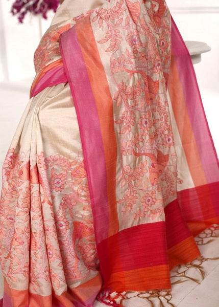INTRICATE EMBROIDERY ALL OVER ON BEIGE SEMI SILK SAREE