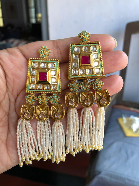 Gold Plated Antique Earrings with Pearls & Colorful Glass