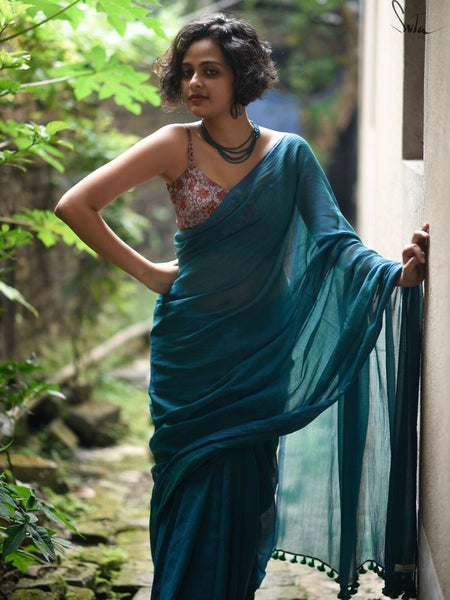 Blue Green Color Mul Cotton Saree