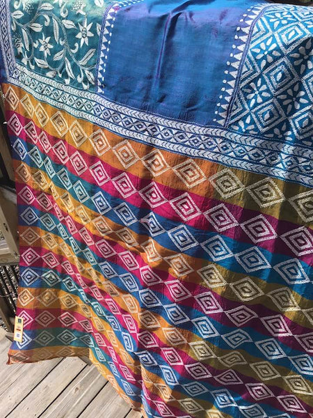 3D Multi Color Kantha Stitched Saree in Pure Bishnupuri Silk Saree
