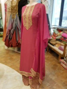 Chiffon Coral Pink Suit with Dupatta with Golden Zari Work
