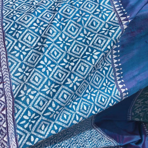 3D Multi Color Kantha Stitched Saree in Pure Bishnupuri Silk Saree