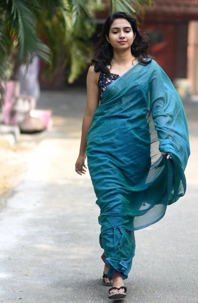 Blue Green Color Mul Cotton Saree