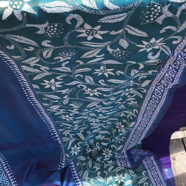 3D Multi Color Kantha Stitched Saree in Pure Bishnupuri Silk Saree