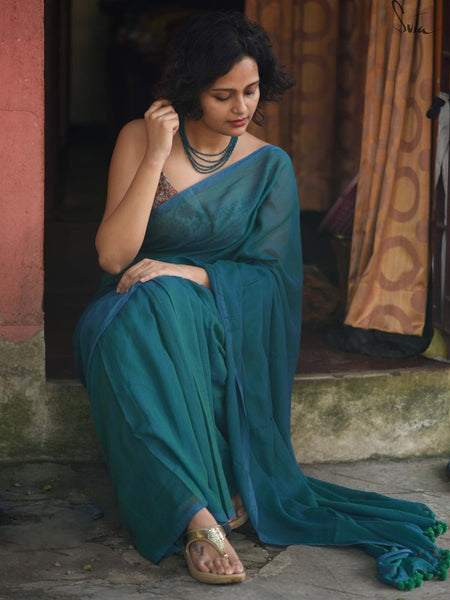 Blue Green Color Mul Cotton Saree