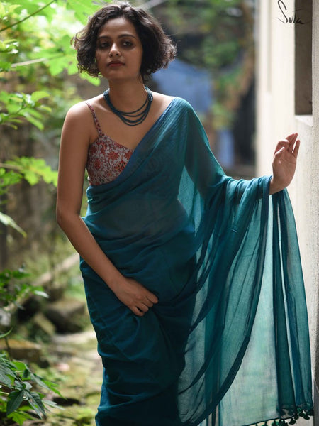 Blue Green Color Mul Cotton Saree