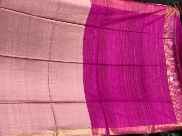 Dual Shaded Bhagalpuri Silk Saree In Pastel Peach Pink with Magenta Pink Aachal