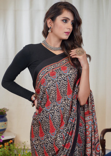 PURE MODAL SILK BLOCK PRINTED BLACK DESIGNER AJRAKH SAREE