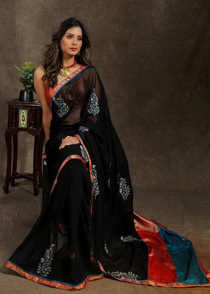 BLACK GEORGETTE SAREE WITH EMBROIDERY MOTIF AND BANARASI PALLU