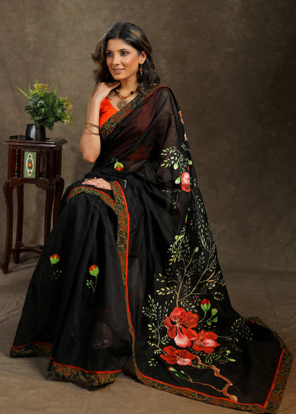 BLACK COTTON HAND PAINTED SAREE WITH AJRAKH BORDER