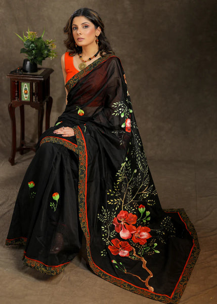 BLACK COTTON HAND PAINTED SAREE WITH AJRAKH BORDER