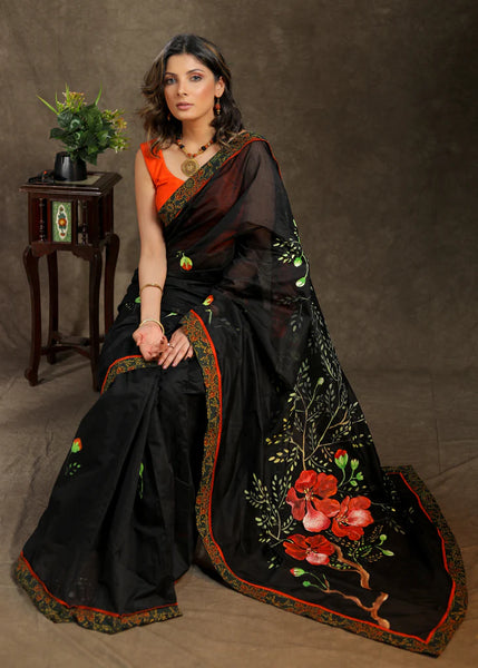 BLACK COTTON HAND PAINTED SAREE WITH AJRAKH BORDER