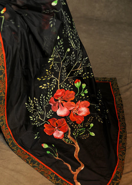 BLACK COTTON HAND PAINTED SAREE WITH AJRAKH BORDER