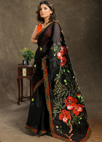 BLACK COTTON HAND PAINTED SAREE WITH AJRAKH BORDER