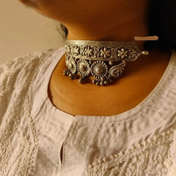 Silver Look Alike Oxidised Choker with Earrings