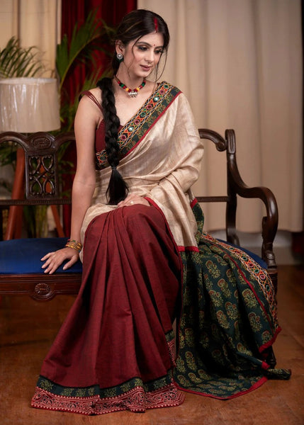 BEIGE TUSSAR SILK SAREE WITH MAROON COTTON SILK AND AJRAKH COMBINATION BORDER