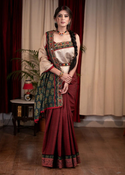 BEIGE TUSSAR SILK SAREE WITH MAROON COTTON SILK AND AJRAKH COMBINATION BORDER