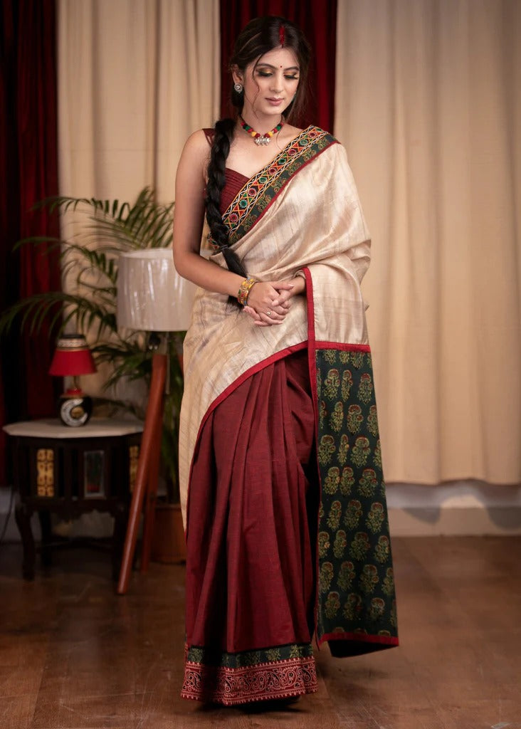 BEIGE TUSSAR SILK SAREE WITH MAROON COTTON SILK AND AJRAKH COMBINATION BORDER