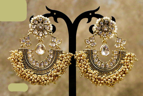 Gorgeous White Gold Plated Kundan Earrings with Gold Plated Pearls & White Semi Precious Stones