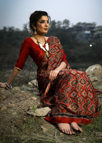 PURE MODAL SILK HAND BLOCK PRINTED MAROON SAREE