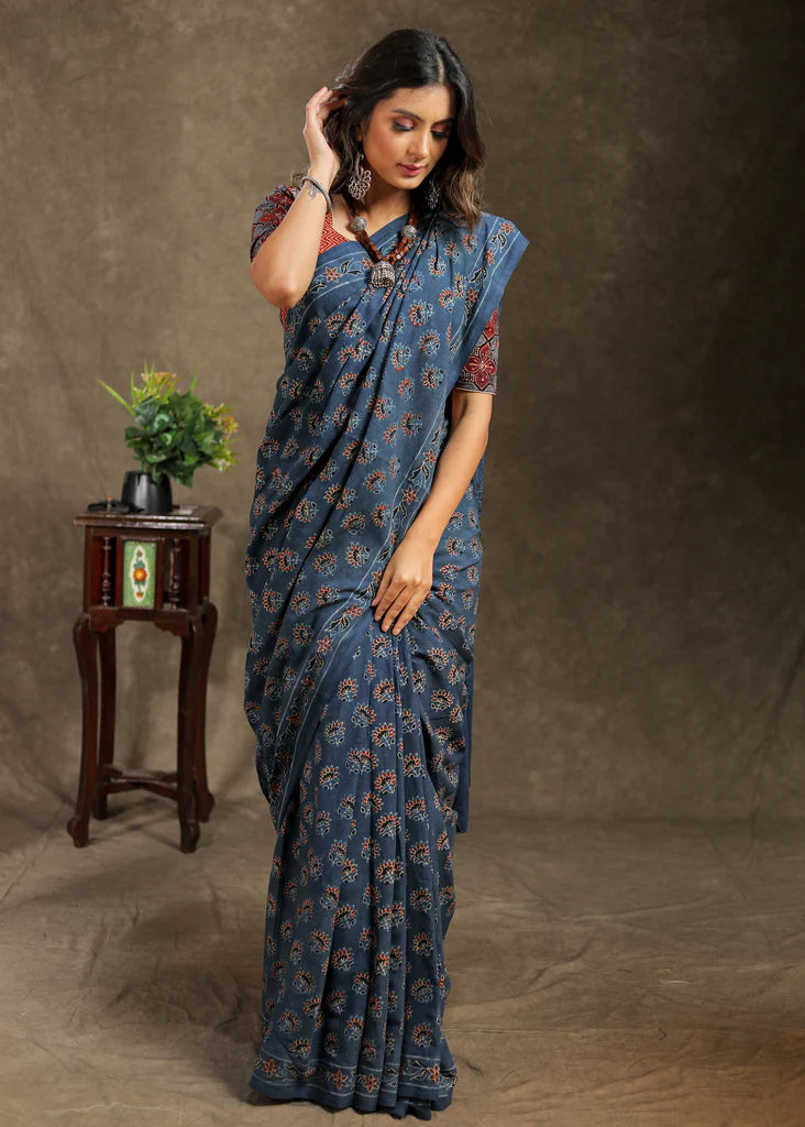 BLUE BLOCK PRINTED COTTON AJRAKH SAREE