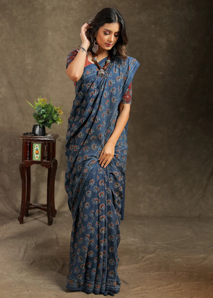 BLUE BLOCK PRINTED COTTON AJRAKH SAREE