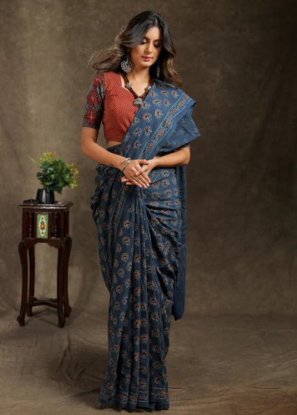 BLUE BLOCK PRINTED COTTON AJRAKH SAREE
