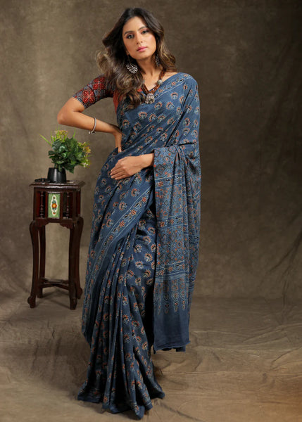 BLUE BLOCK PRINTED COTTON AJRAKH SAREE