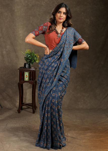 BLUE BLOCK PRINTED COTTON AJRAKH SAREE