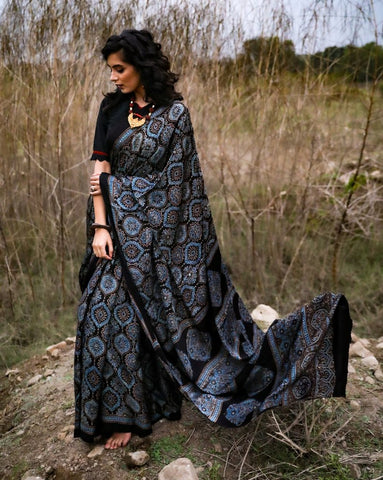 PURE MODAL SILK HAND BLOCK PRINTED BLACK & BLUE COMBINATION SAREE