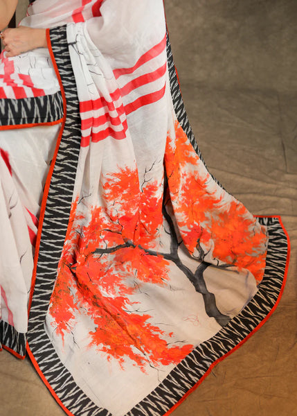 WHITE COTTON ORANGE HAND PAINTED SAREE WITH BEAUTIFUL IKKAT BORDER