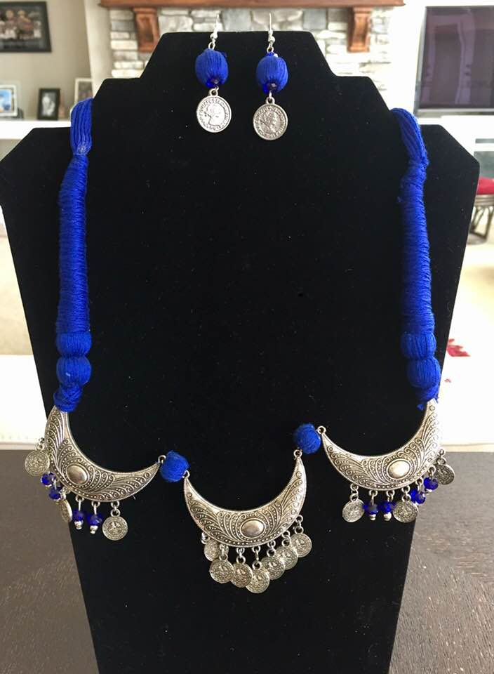 Blue Threaded Necklace with Matching Earrings