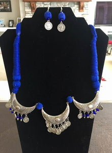 Blue Threaded Necklace with Matching Earrings