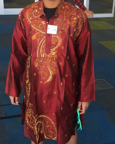 Pure Silk Maroon Long Kurta with Beige Pajama Set with Embroidery Work