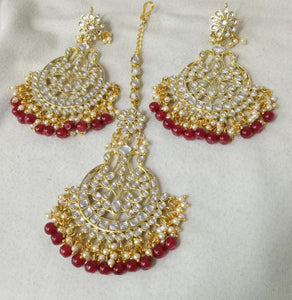 3 Piece Kundan Maana Ka Tika & Big Size Earring Set With Red Beads