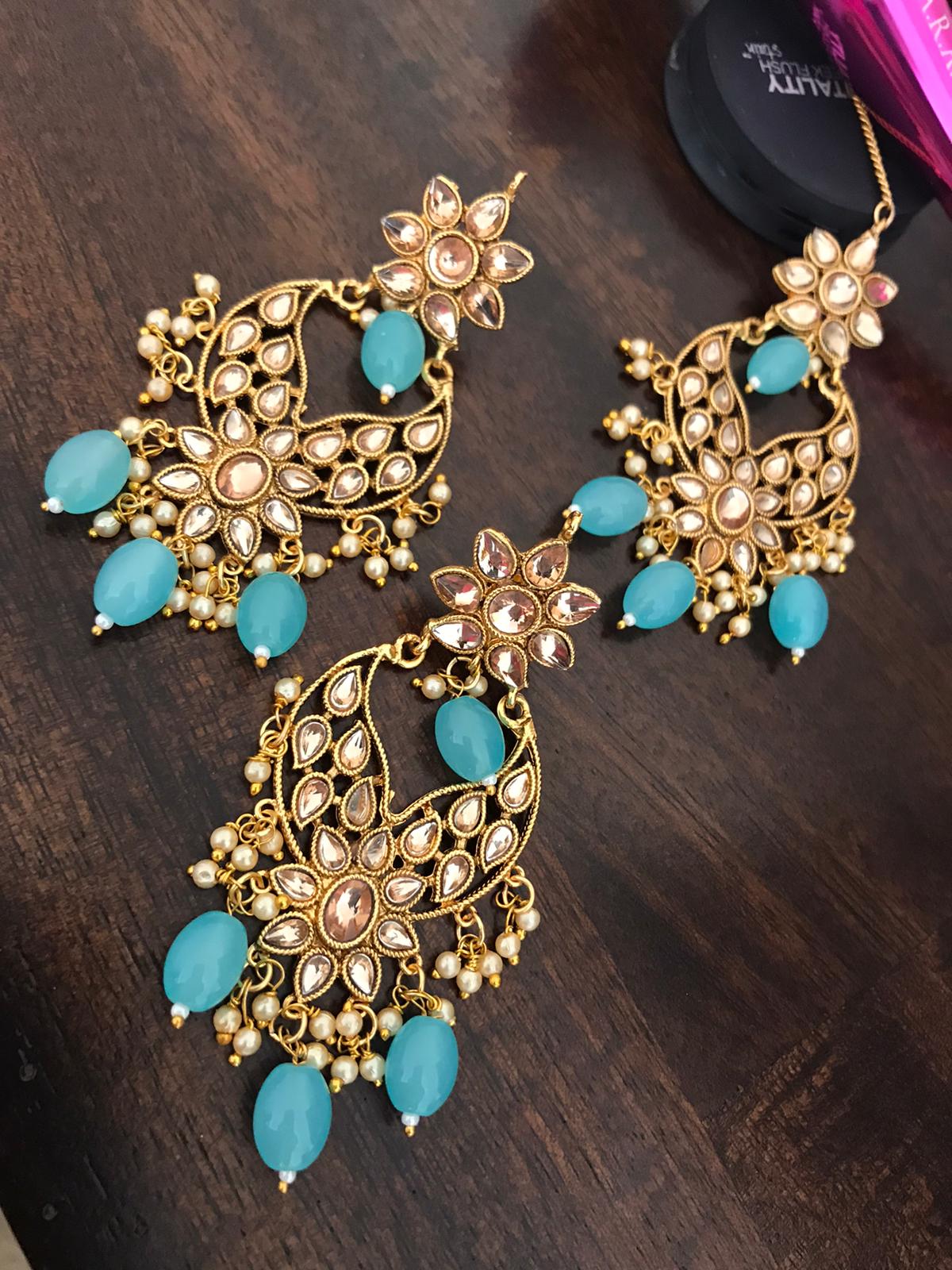 Golden Kundan Earring & Maang Tika with Off White & Blue Beads –  ShopBollyWear.Com
