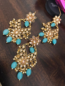 Golden Kundan Earring & Maang Tika with Off White & Blue Beads
