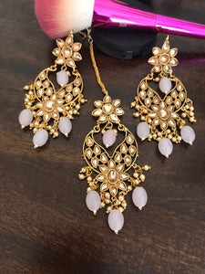 Golden Kundan Earrning & Maang Tika with Pink & Off White Beads.